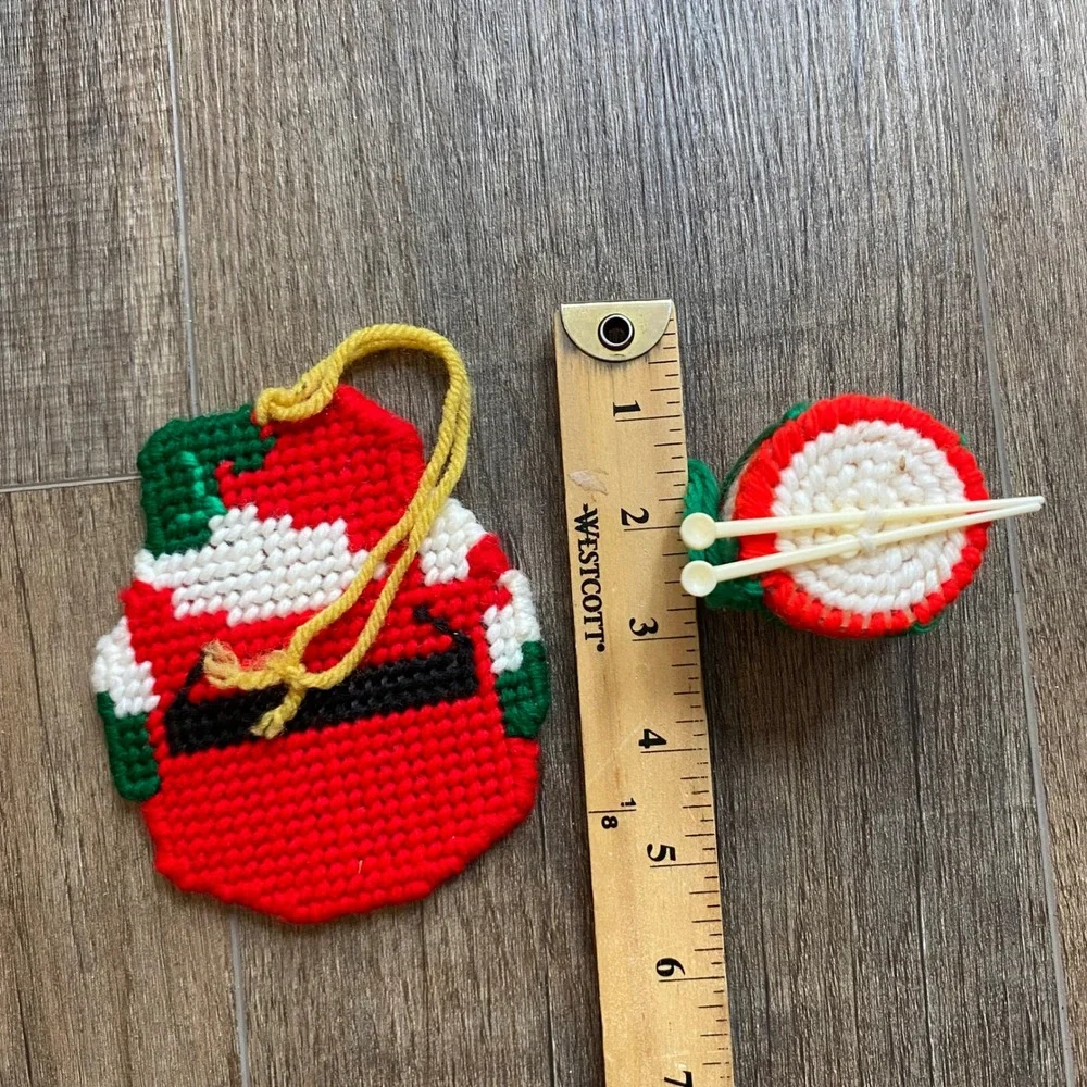 Vintage Christmas Ornament Lot 7pc Needlepoint Santa Beaded Wreath Wooden Sled